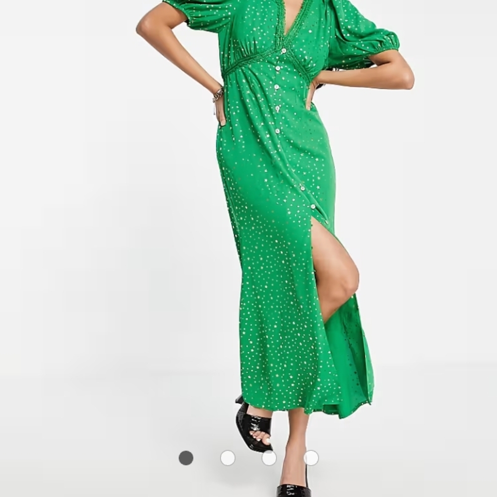 Never Fully Dressed Emerald Green Puff Sleeve Maxi Dress with Plunge Neckline